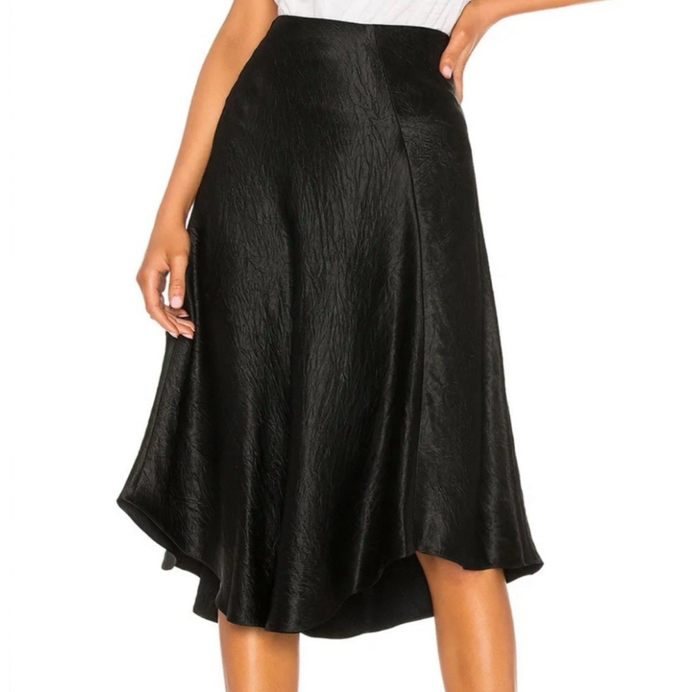 Vince XS Crinkled Satin Bias Cut Midi Skirt Acetate Curved Hem Pull On High Rise